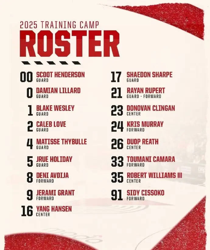 开拓者公布17人训练营名单:利拉德领衔 杨瀚森在列